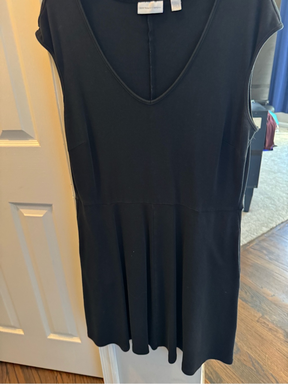 New York & Company Black V-Neck Fit & Flare Dress